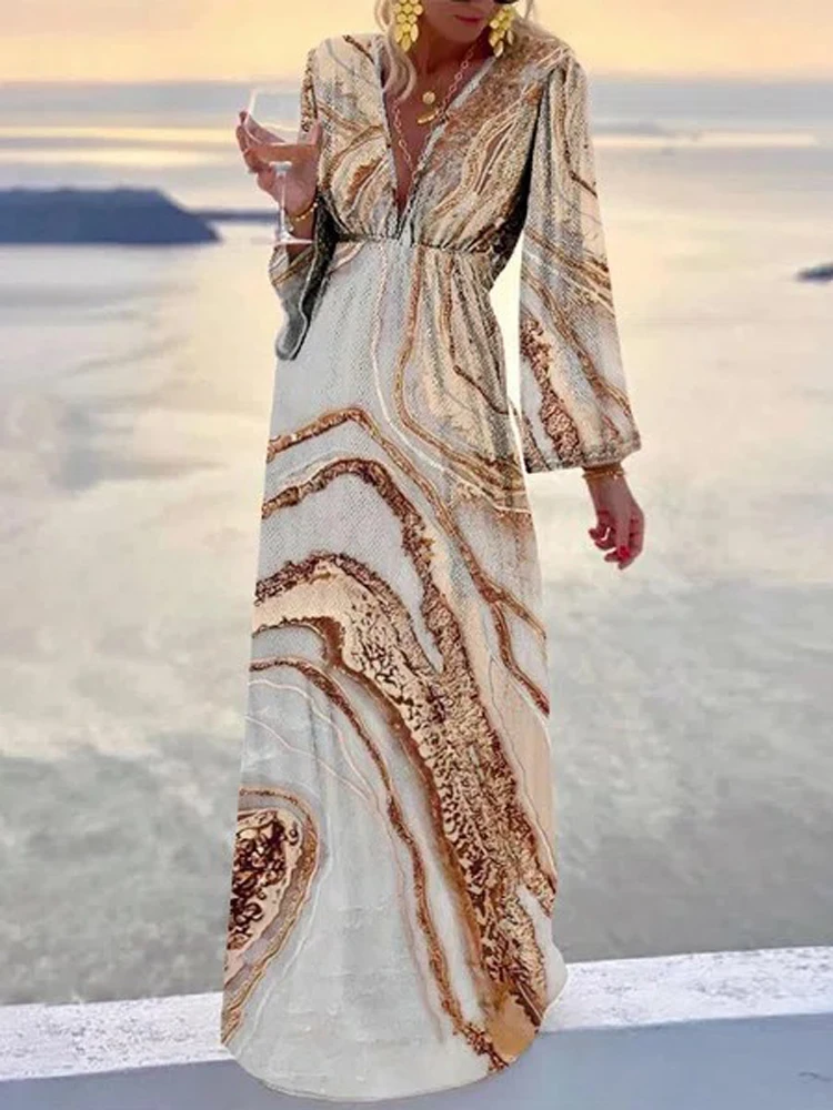 Gold Printed Long Sleeve V Neck Caftan 