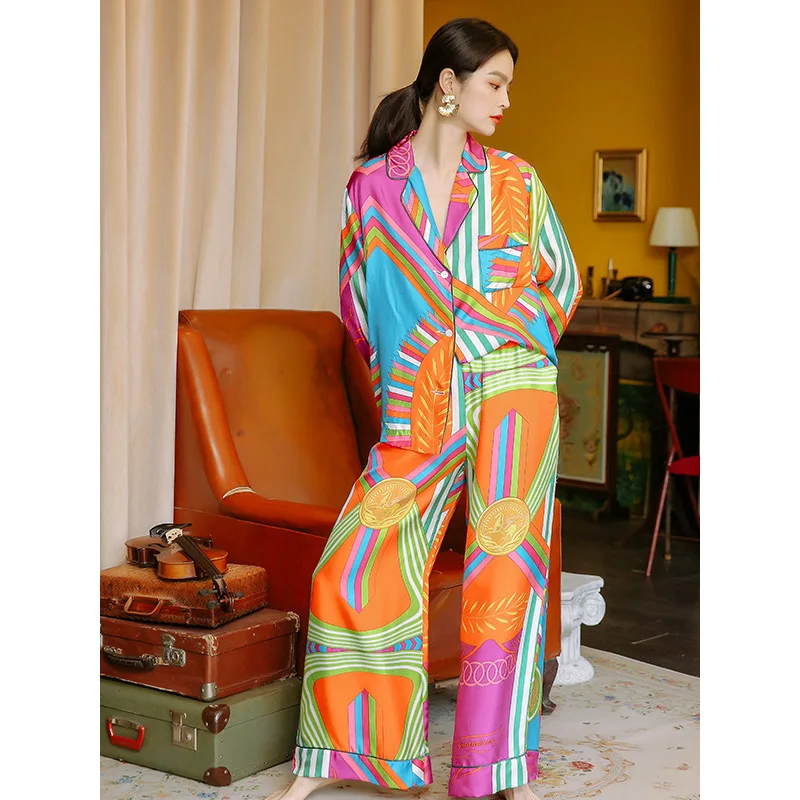 Women's pajamas long-sleeved trousers silk suit ladies two-piece suits женское бельё sleepwear