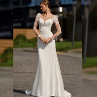 Long Sleeve Mermaid Wedding Dress Beach V-Neck Lace Appliques Sweep Train Button Bridal Gowns Customize To Measures Civil Sweep 1