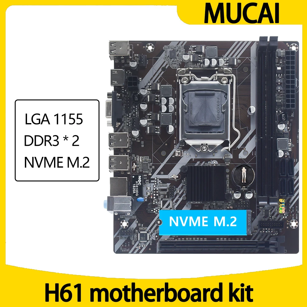 MUCAI H61 Motherboard LGA 1155 Kit Compatible With Intel Core CPUs 2nd And 3rd Generations Supports M.2 NVME SDD