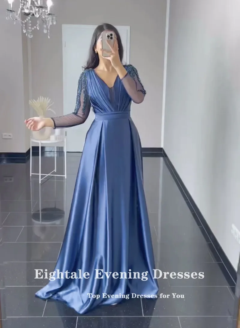 Eightale Elegant Evening Dress Satin Long Sleeves Beaded A-Line Prom Gowns Celebrity Wedding Party Dress Vestidos De Noch