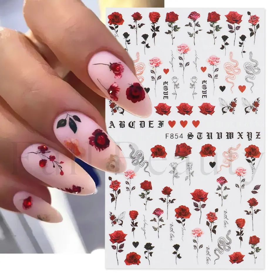 Rose Flower 3D Nail Stickers Red Black Snake Leaves Alphabet Butterfly Nail Art Decoration Spring Plant Manicure Slider NLF854