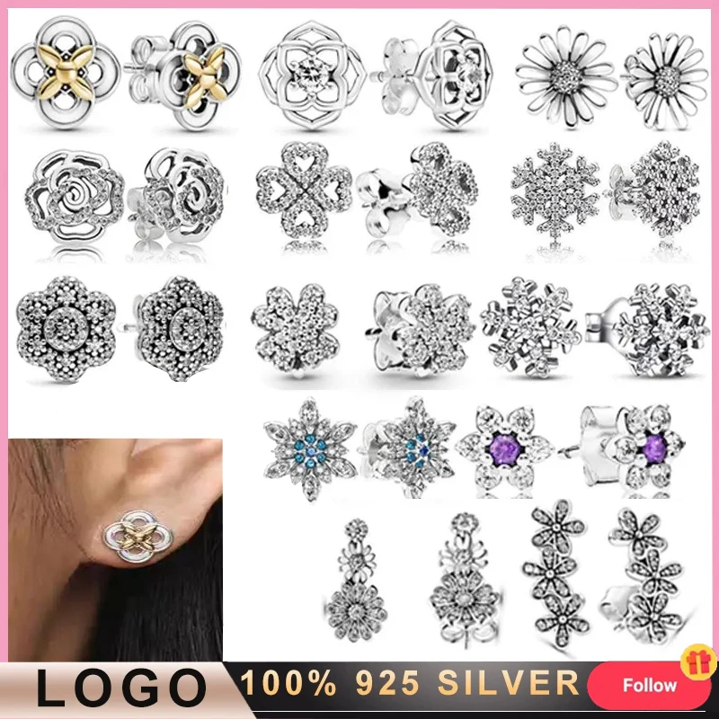 

%925 Sterling Silver Hot Selling Sparkling Daisy Rose Earrings Original LOGO DIY Charming Jewelry Gifts Light Luxury Fashion