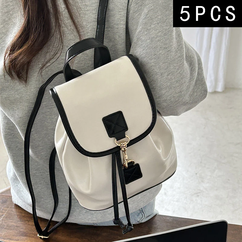 5PCS Small Fragrance Backpack Women's Color Contrast Fashion Pure Color Casual Simple Flip Cover All Small Backpack Wholesale