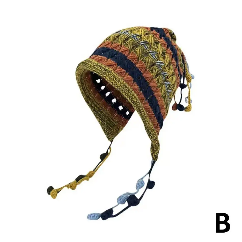 1pc Korean Imitation Handmade Crochet Colored Yarn Hat For Women Winter Fashion Nitted Beanie Cap Hm Earflap Tassel Pompom N2X9