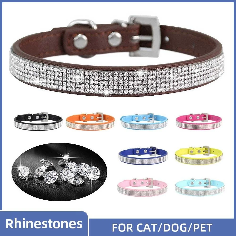 Crystal Glitter Rhinestones Pet Collar Leather Puppy Necklace Collars