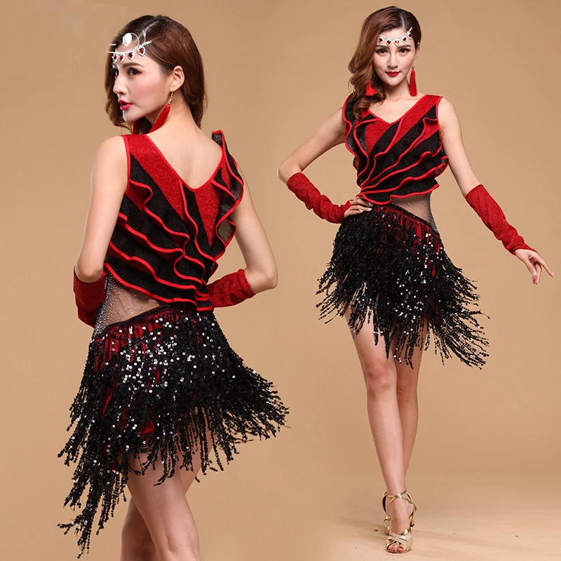 

Latin Dance Dresses Dress Up Adult Women Fringe Flapper Dress Evening Nightclub Dancing Fancy Costumes C-Neck Sequin Dress