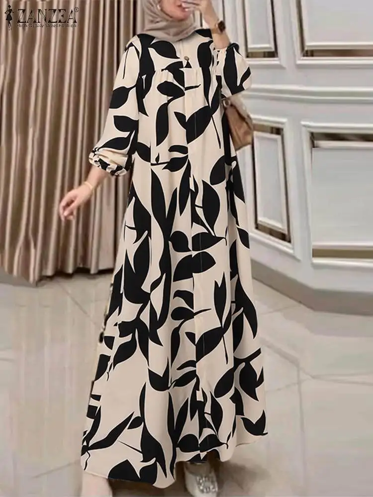 ZANZEA Autumn Floral Print Muslim Dress Fashion Women Long Sleeve Loose Dubai Turkey Abaya Sundress Robe Femme Islamic Clothing - Image 2
