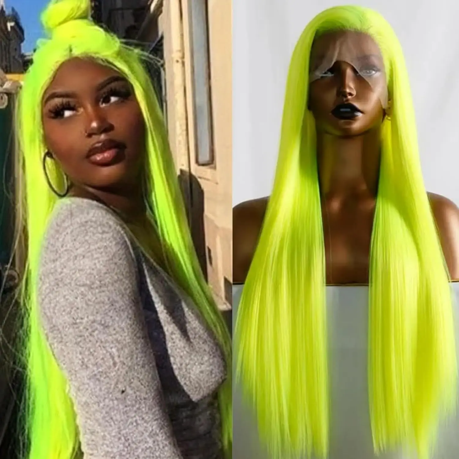 13X4-Neon-Green-Wig-Straight-Synthetic-Lace-Front-Wig-Long-Silky ...