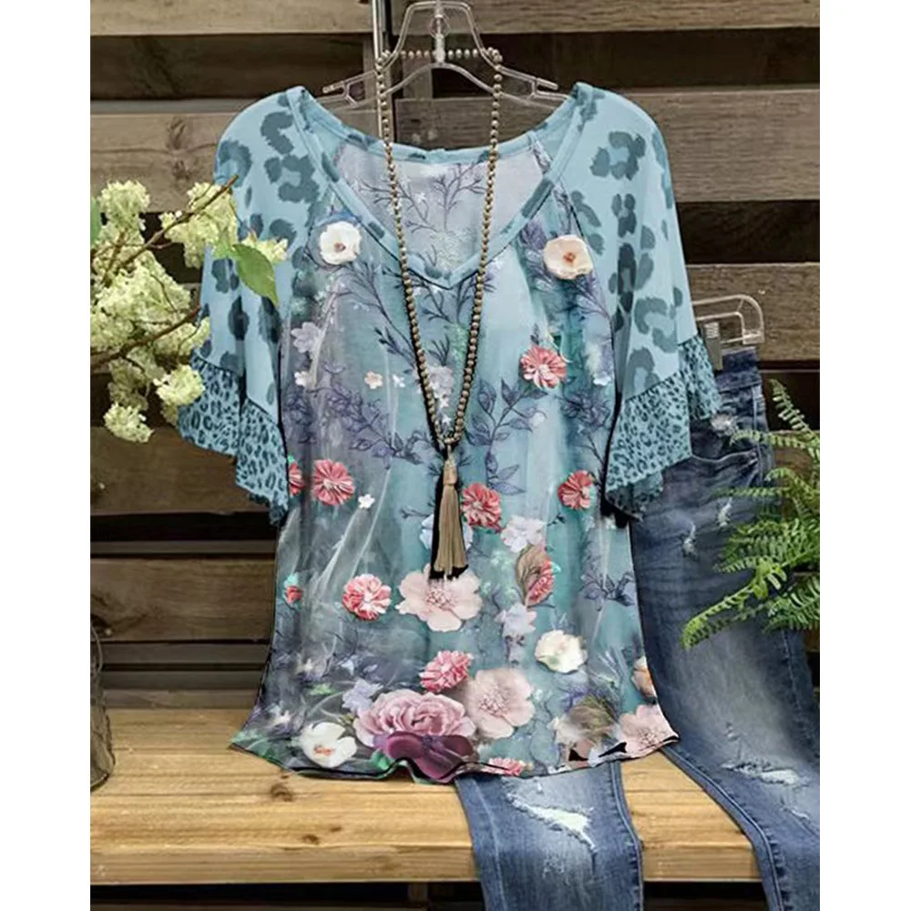 

Ruffle Blouse Women Summer floral Print Splicing Tunics V-neck Short Sleeves Casual T Shirt Blusas 2022