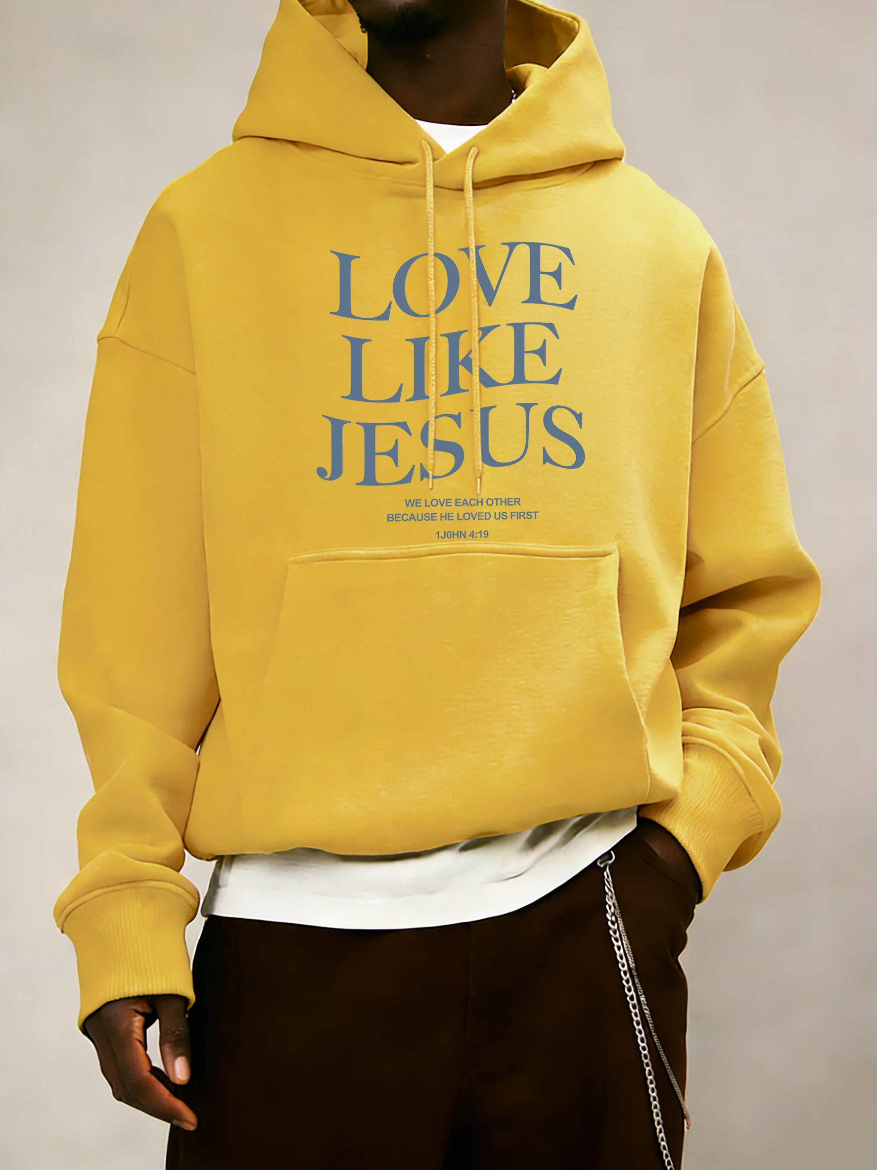 Love Like Jesus Baskılı Erkekler İçin Basit Kapüşonlu Sweatshirtler Polar Günlük Uzun Kollu Bol Kesim Her Şeyle Uyumlu Cepli Unisex Vintage Kazaklar