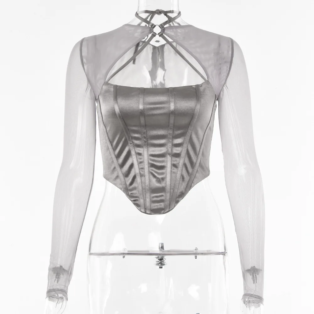Asymmetrical See Through Sexy Women Clothes Solid Sheer Grey Elegant Corset Tops Club Mesh Outfits Long Sleeve Streetwear