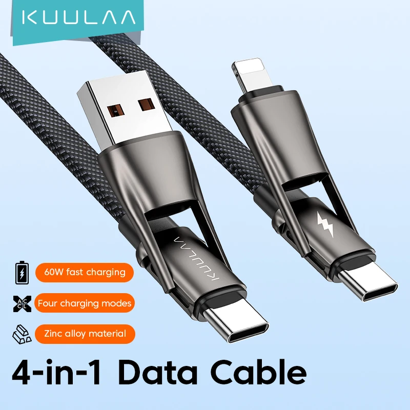 

KUULAA 4 in 1 USB C Cable 60W PD Fast Charging Wire for iPhone 15 14 Pro Max iPad HUAWEI Xiaomi Tablets Type C Cable