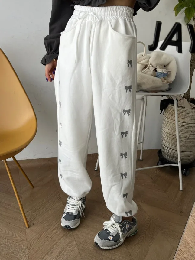 High Waist Elastic  Knot Print Sports Casual Pants Women Loose Fce Straight Leg Tied Cuffed Trendy Trousers