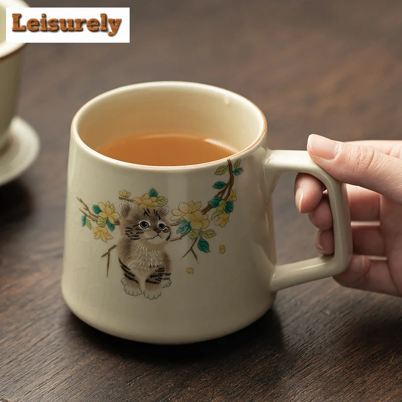 400ml Cute Cat Ru Kiln Porcelain Office Work Cup Antique Filter Tea Separator Cup Can Nourishing Personal Water Mug With Lid