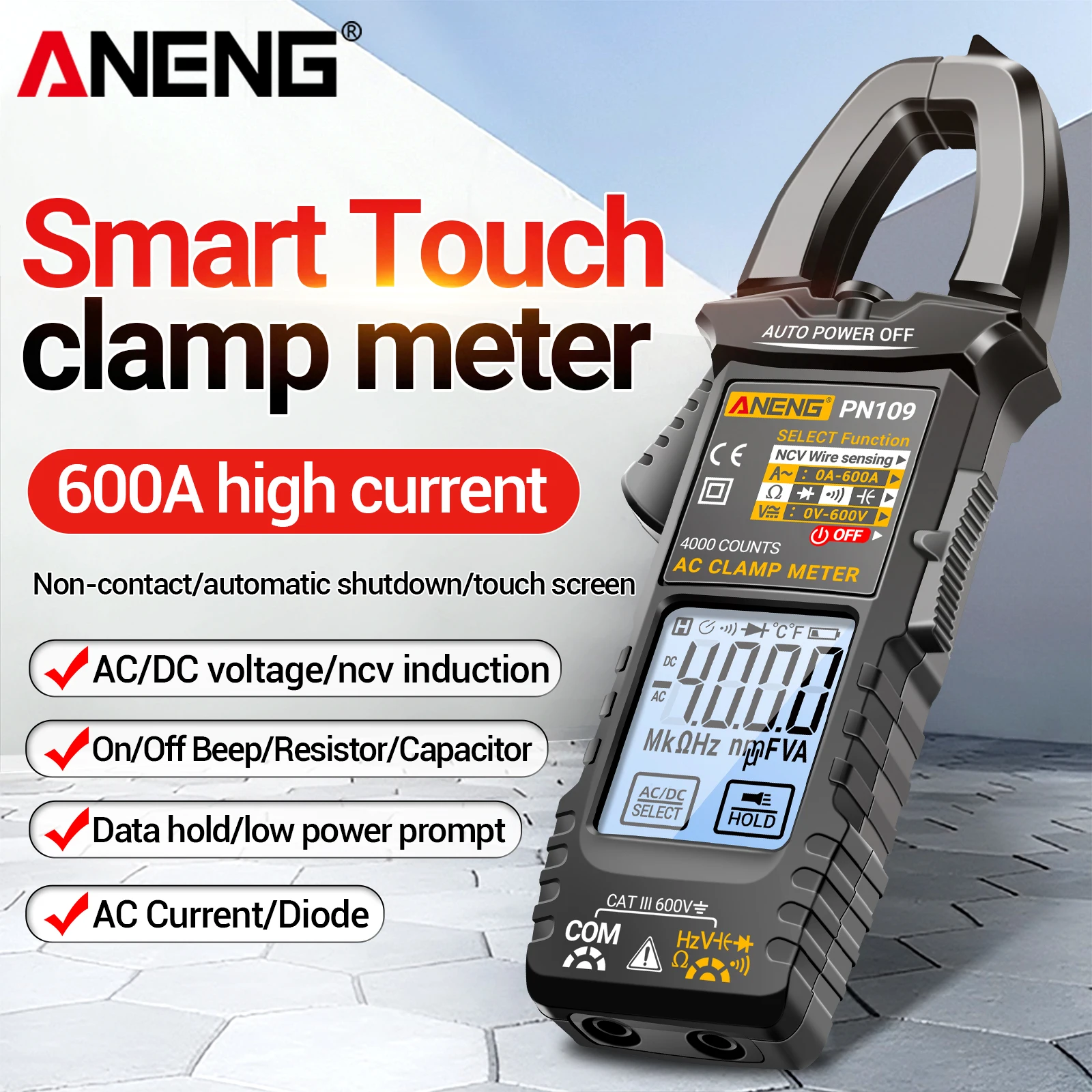 ANENG PN109 다기능 클램프 미터 40MΩ 저항 측정 600A AC 전류 감..