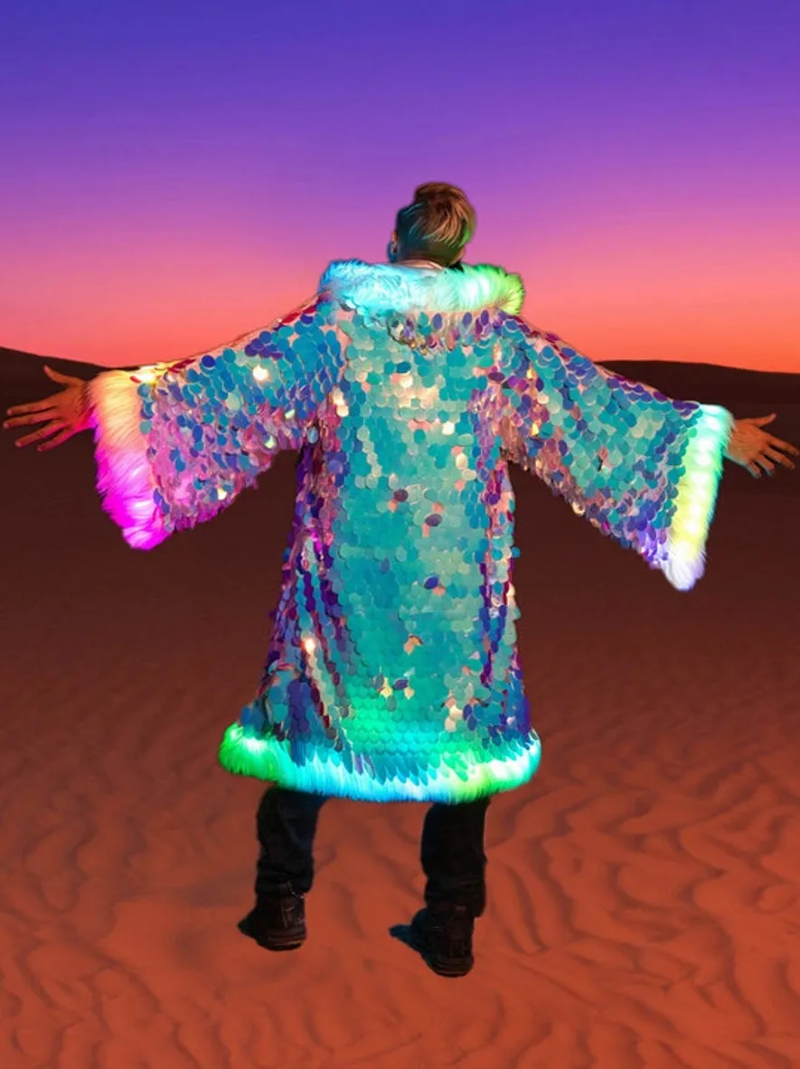 Men's Faux Fur Coat Winter Thicken Fluffy Led Lights Rave