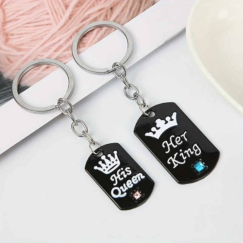 1 Paar Schlüsselanhänger „Her King & His Queen“ für Männer und Frauen, schwarzes Metall, Kristallkrone, Schlüsselanhänger, Ringhalter, Valentinstagsgeschenke
