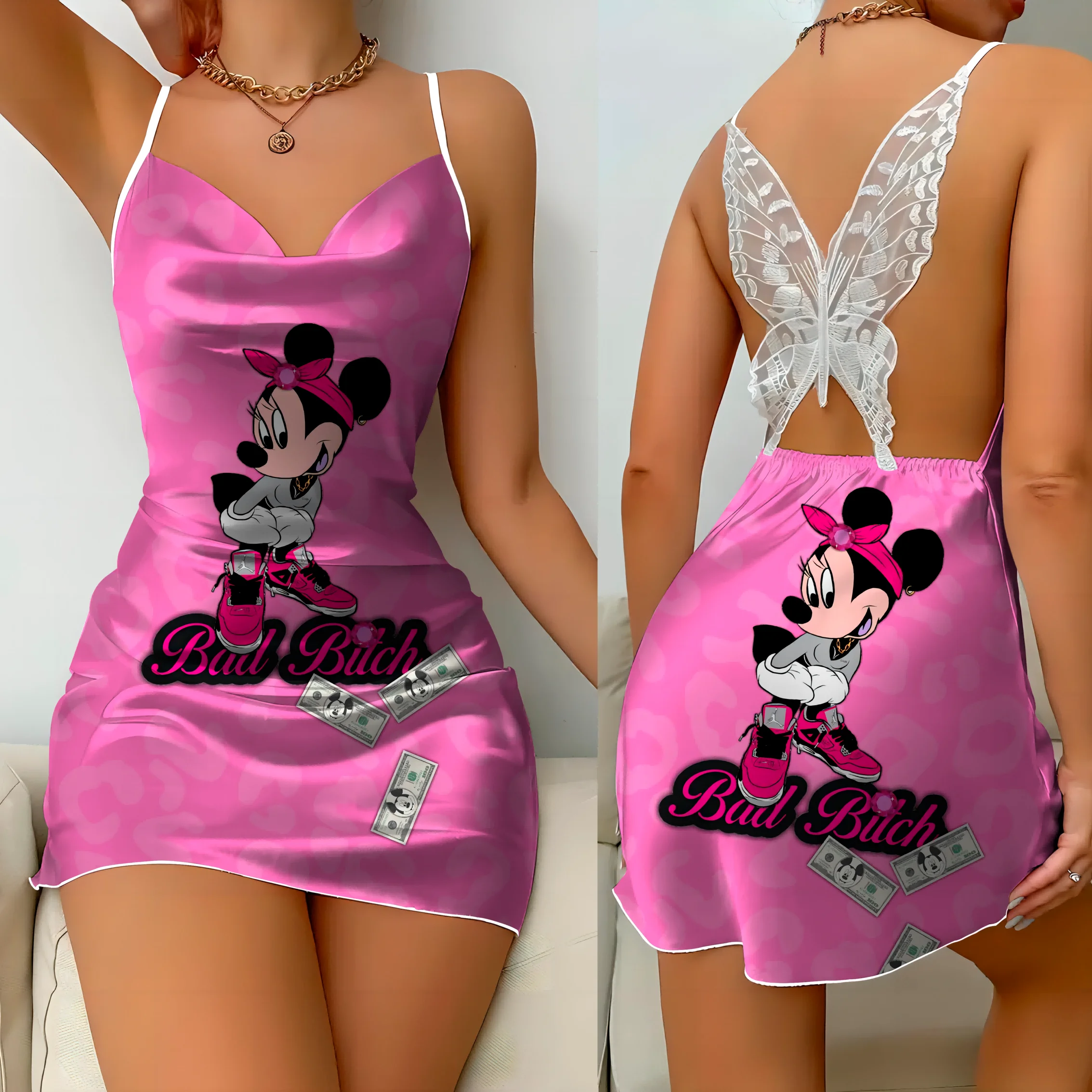 Mini Dress Pajama Skirt Bow Knot Party Dresses Satin Surface Minnie Mouse Disney Mickey Womens Fashion Summer 2024 Elegant Women 3