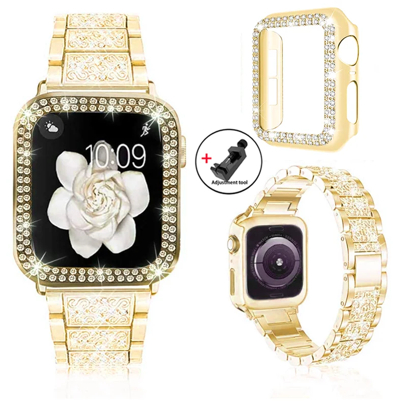 Elegant Diamond-Encrusted Metal Bracelet with Case