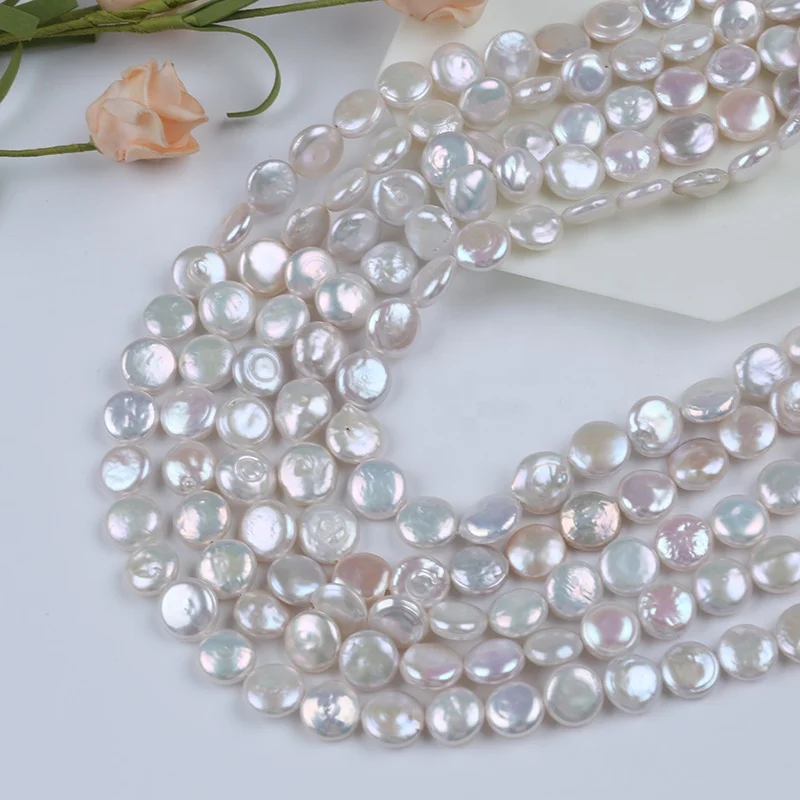 

11-12mm Coin Shape Natural White Beads String Freshwater Pearls Strands