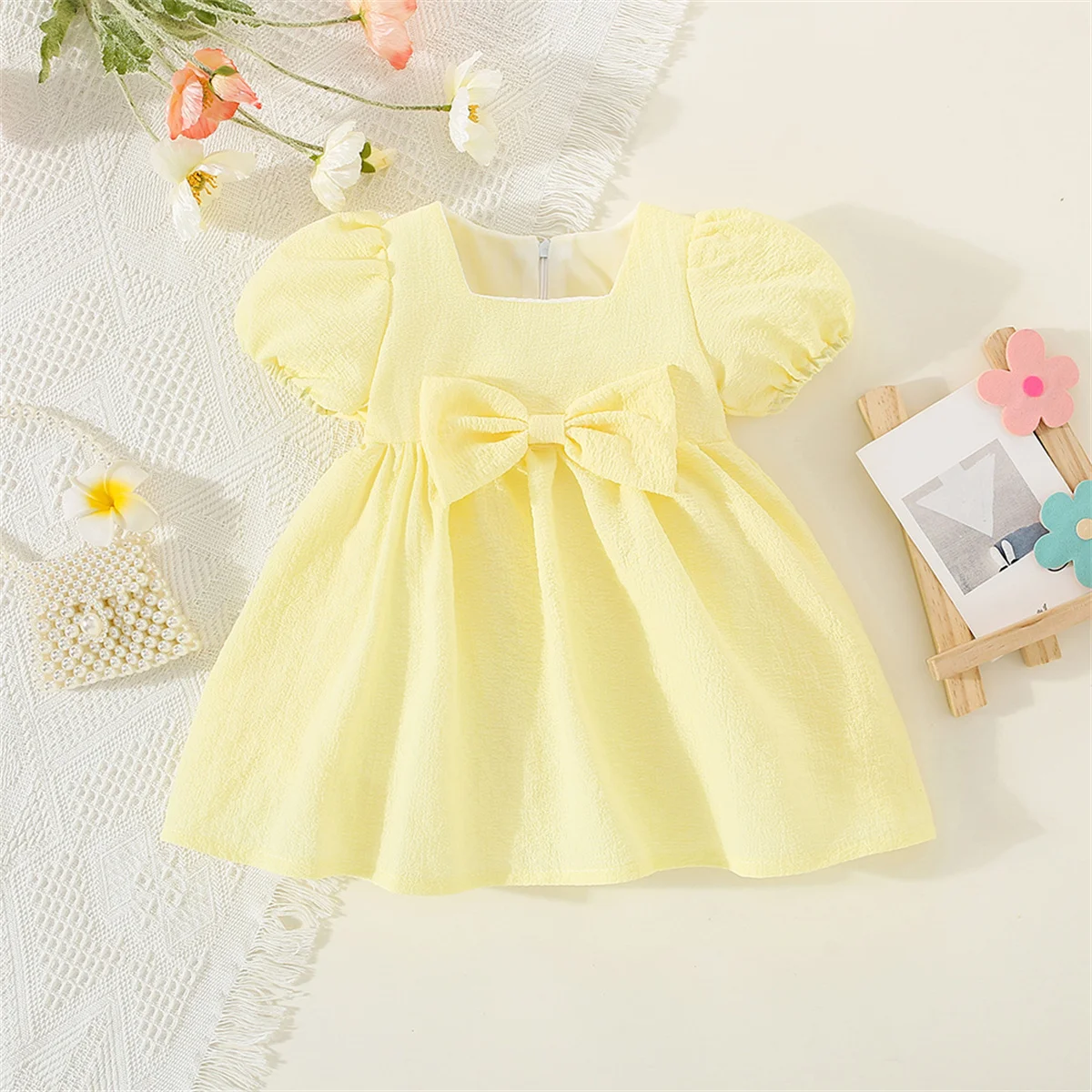 Summer Baby Girl'S Dress Solid Color Round Neck Bow For Ladies Daily Wear Knee Length