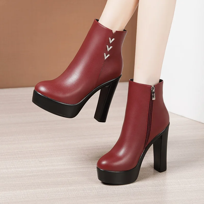 High quality short ankle leather boots for women13cm high heel platform new 2023 autumn winter 33 42 43 elegant shoe black red