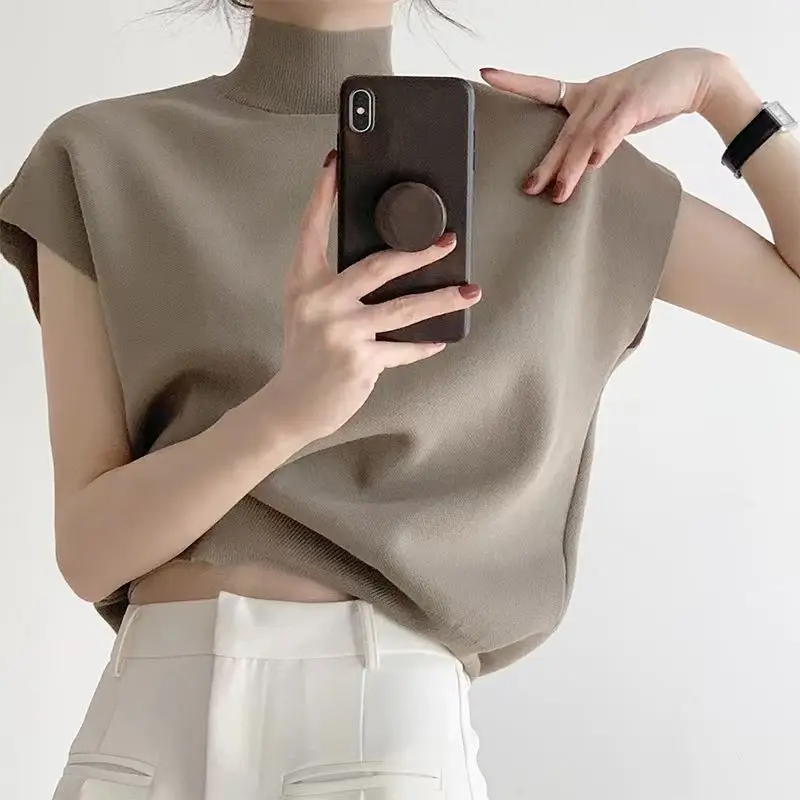 

Summer New All-match Knitted Vest Thin Solid Loose Half High Collar Short Sleeve T Shirt Tops Fashion Korean Trend Women Clothes