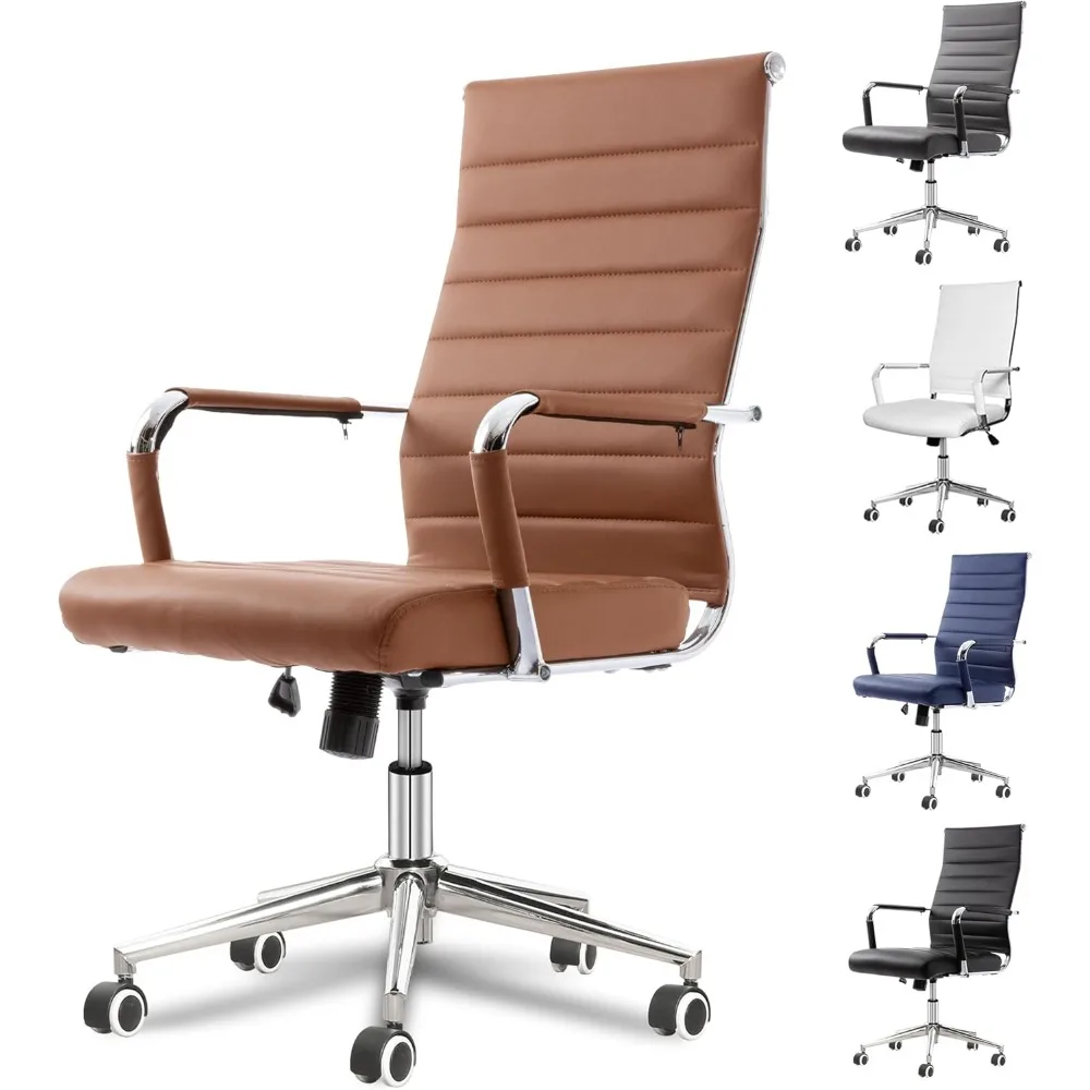 Office Desk Chair, Ergonomic Leather Modern Conference Room Chairs, Executive Ribbed Height Adjustable Swivel Rolling Chair 2