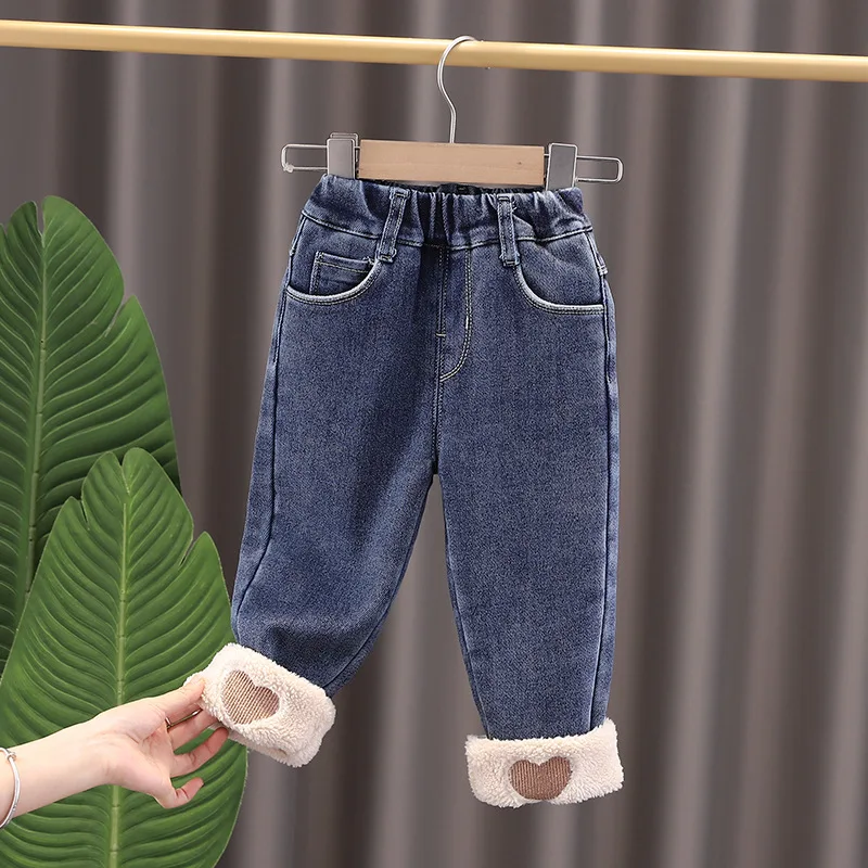 

2024 Autumn Young Kid Girl Denim Pant Cotton Fleece Elastic Waist Toddler Girl Trouser Spliced Love Printed Baby Girl Jeans Pant