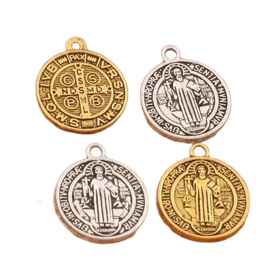 Saint Charm Beads St Benedetto Nursia Patron Medal Cross 20X17Mm 10 Pezzi Pendenti Color Oro Antico In Lega Di Zinco L1649