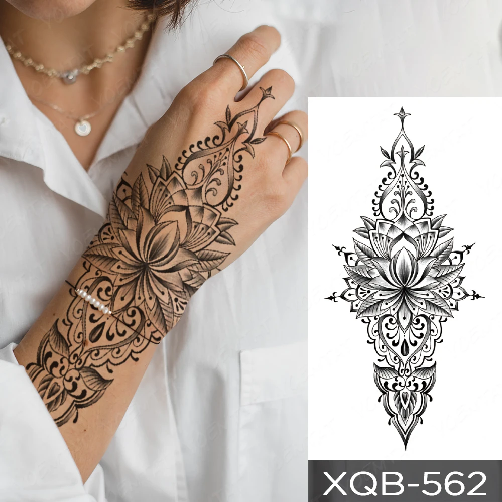 Tatuagem temporária à prova dwaterproof água etiqueta preta hena laço  arabian lotus totem flor flash tatoo mulher dedo arte do corpo falso tatto  - AliExpress