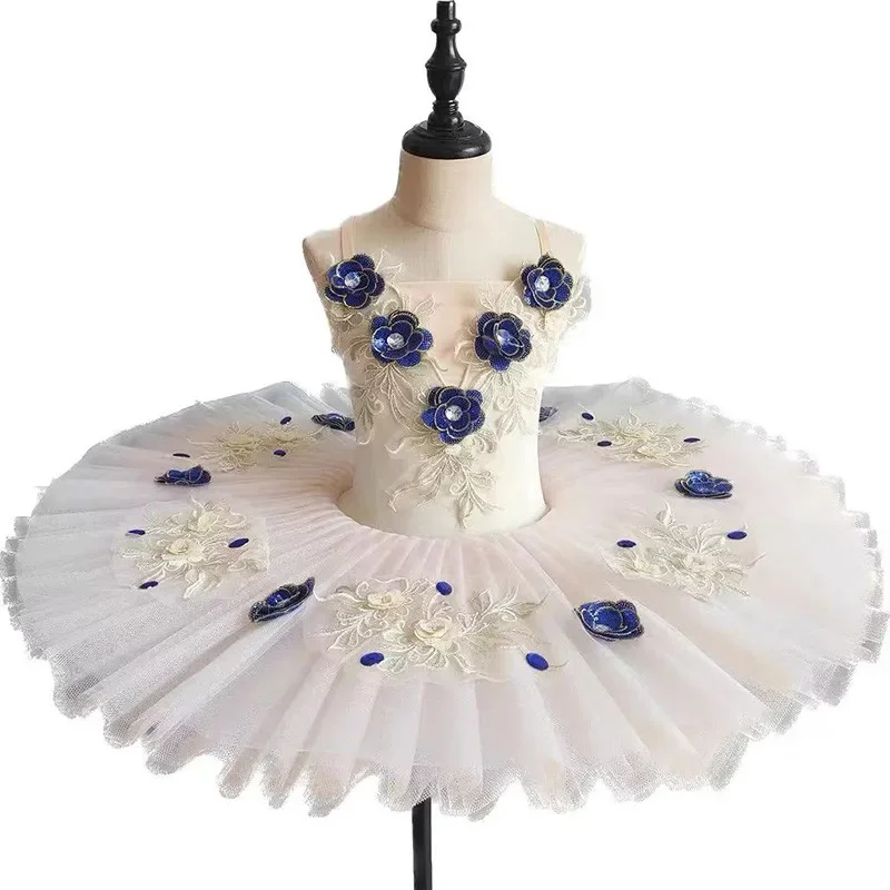 

Kids White Pancake Platter Tutu Ballerina Party Dress With Blue 3d Flower Adult Girls Professional Ballet Dance Leotard Costumes