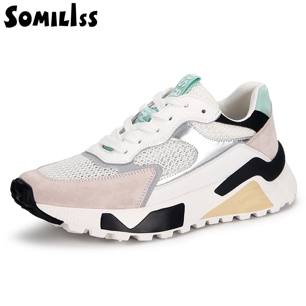 

SOMILISS Women Platform Sneakers Casual Fashion Sneaker Luxury Genuine Leather Mesh Cloth Patchwork Running Shoes Breathable
