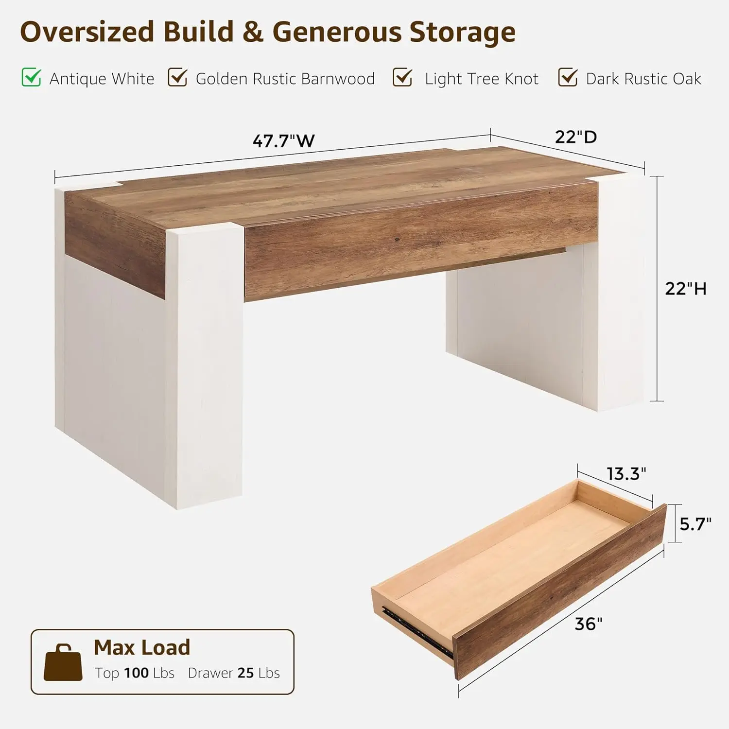 48" Modern Farmhouse Coffee Table, Wooden Living Room Table with Hidden Storage Drawer, Rustic Rectangular Center, Customized