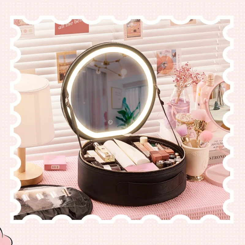 LED 조명 거울 사용자 정의 대용량 여행 휴대용 화장품 보관 가방, 데스크탑 메이크업 보관 상자