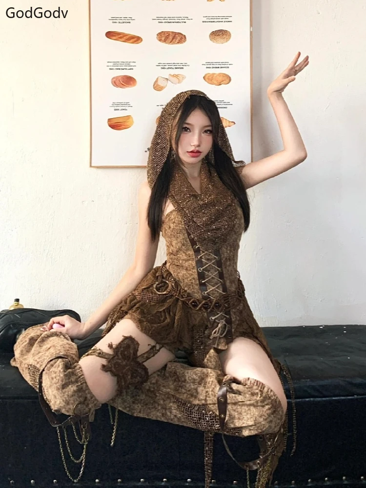 Spring Gothic Brown Vintage 3 Piece Set Women Sexy Lace Y2k Party Mini Pants Suit Female Korean Fashion Retro Designer Outfits 4
