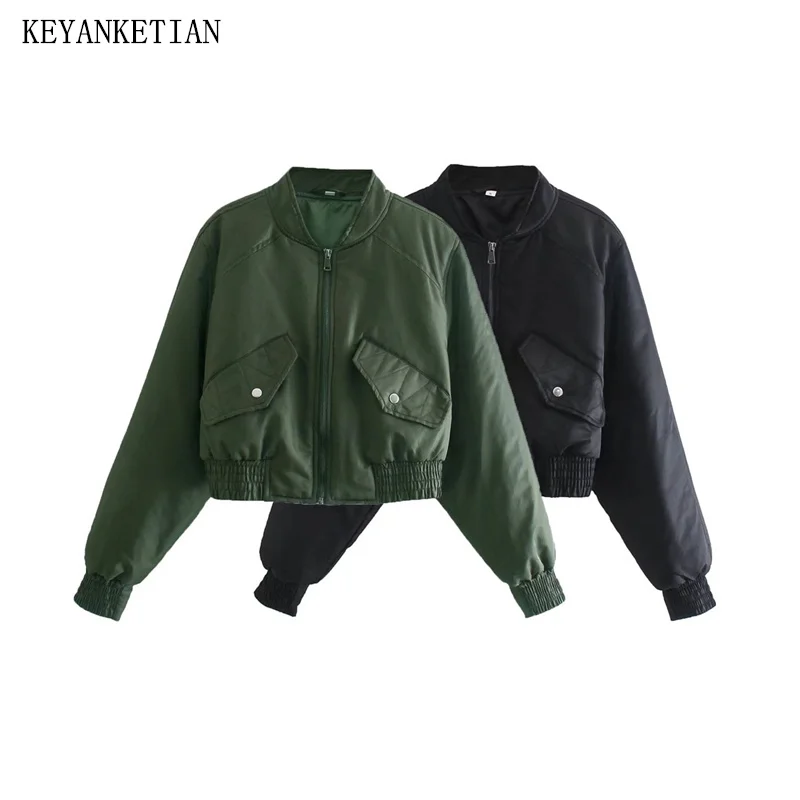 

Зимняя Новая женская короткая куртка KEYANKETIAN с хлопковой подкладкой, стильная винтажная Толстая теплая верхняя одежда с карманами на молнии и клапаном, укороченный топ