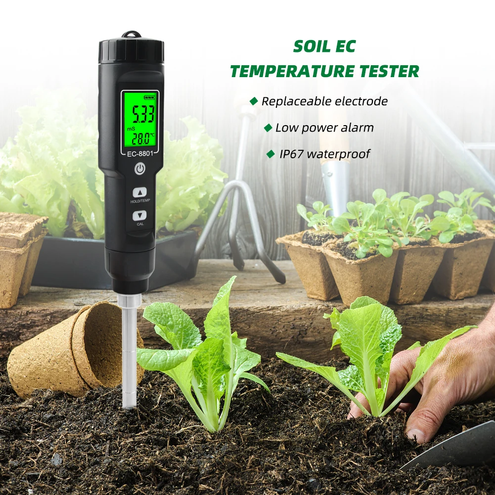 Soil EC Tester 0.00~10.00mS/cm Conductivity Soil EC PH Meter Detachable Probe Au