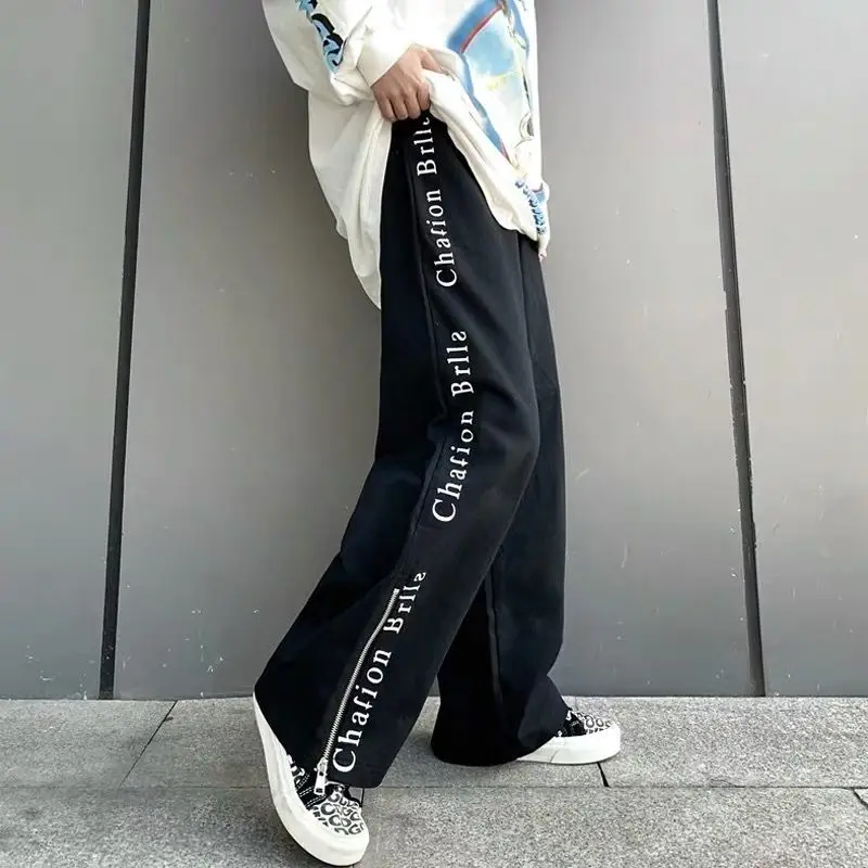 2023 Autumn and Winter Plush High Waist Printing Versatile Fashion Loose Casual Sports Split Zipper Women's Wide Leg Pants