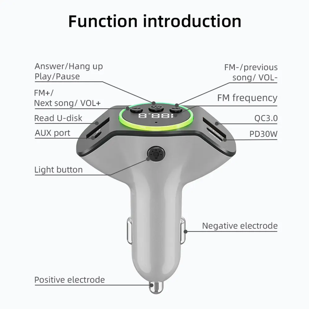 PD30W+QC3.0 Bluetooth 5.3 Car MP3 Player FM Transmitter Wireless Handsfree U Disk Play Music USB Type-C Car Fast Charger Adapter — view 6