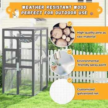 Upgraded Catio Outdoor Cat Enclosure Window Access,Wooden Catio for Cats Indoor Patio Garden(Grey) 5