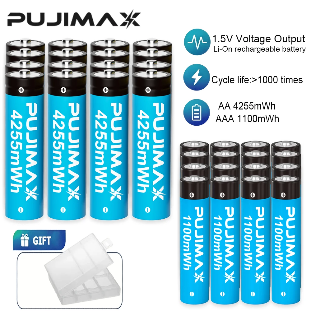 PUJIMAX Rechargeable Lithium Battery AA 4255mWh/AAA 1100mWh Batteries High Capacity 1.5V Battery for Clocks Mouse Remote Control 1