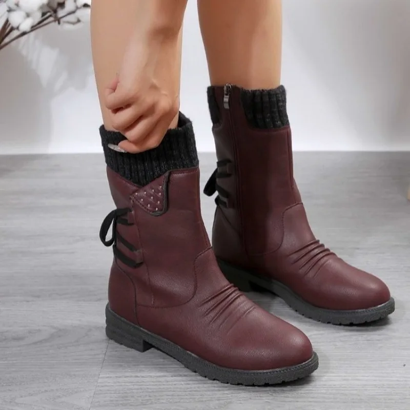 Ladies Shoes on Sale 2023 High Quality Zipper Women's Boots Winter Round Toe Solid Mid-Calf Pleated Low-heeled Western Boots