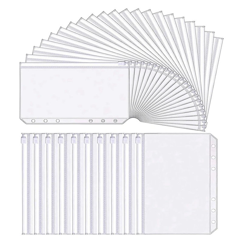 

70PC A6 6-Holes Binder Pockets Waterproof PVC Cash Budget Envelopes Zipper Binder Pouches For A6 Notebook Binders