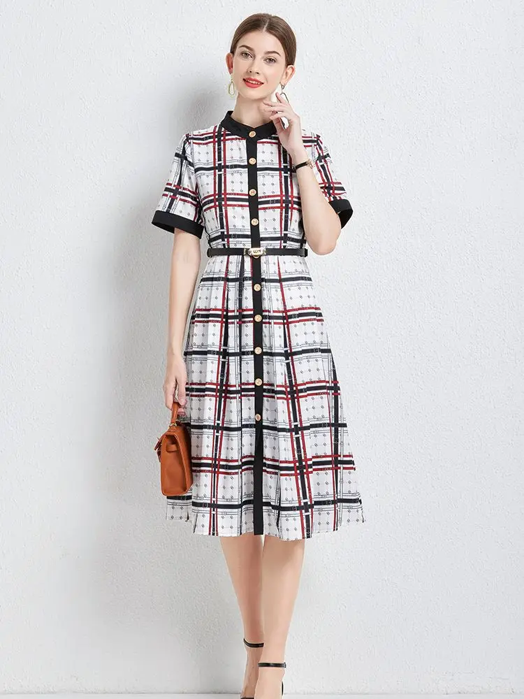 

Vintage Chain Check Print Dress for Women 2023 Summer Fashion Lapel Short Sleeve Single-breasted Slim Shirt Vestido Feminino