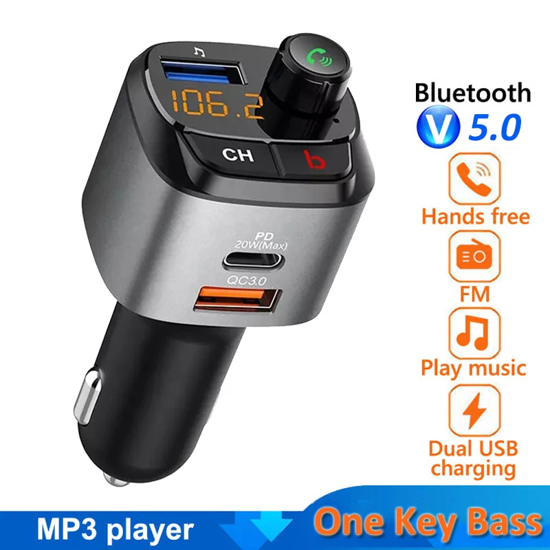 

Car Radio MP3 Player Bluetooth FM Transmitter QC 3.0 PD 18W Fast Charger Wireless Handsfree Call One Key Bass Noise Reduction