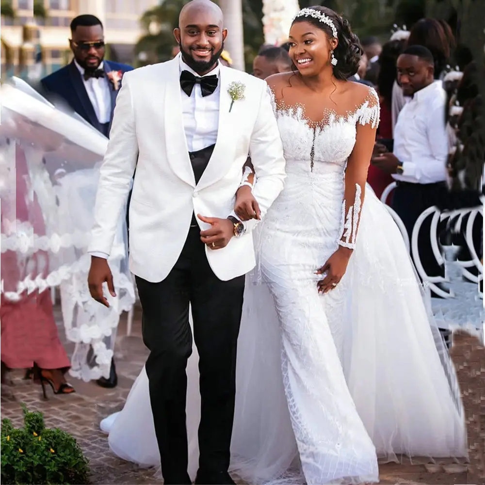 

Illusion Trumpet White Heavy Beaded Wedding Bride Dress Long Sleeves African Women Mermaid Wedding Dresses