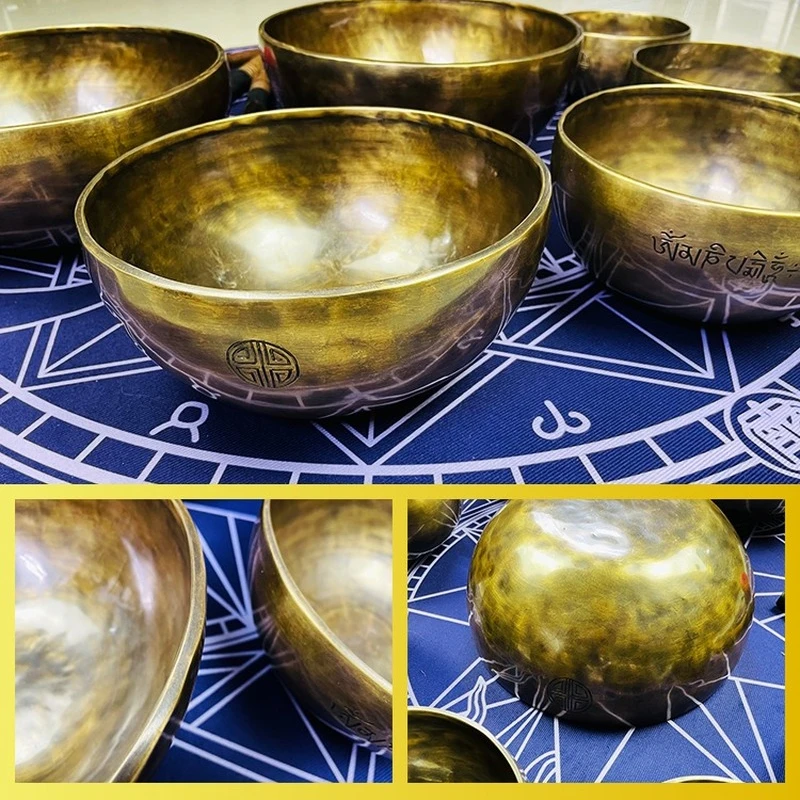 Tibetan Meditation Bowl Black Singing Therapy Yoga Chakra Healing Sanskrit Buddha Copper Chime Sound Brass Bowl Decor 12-30cm 4