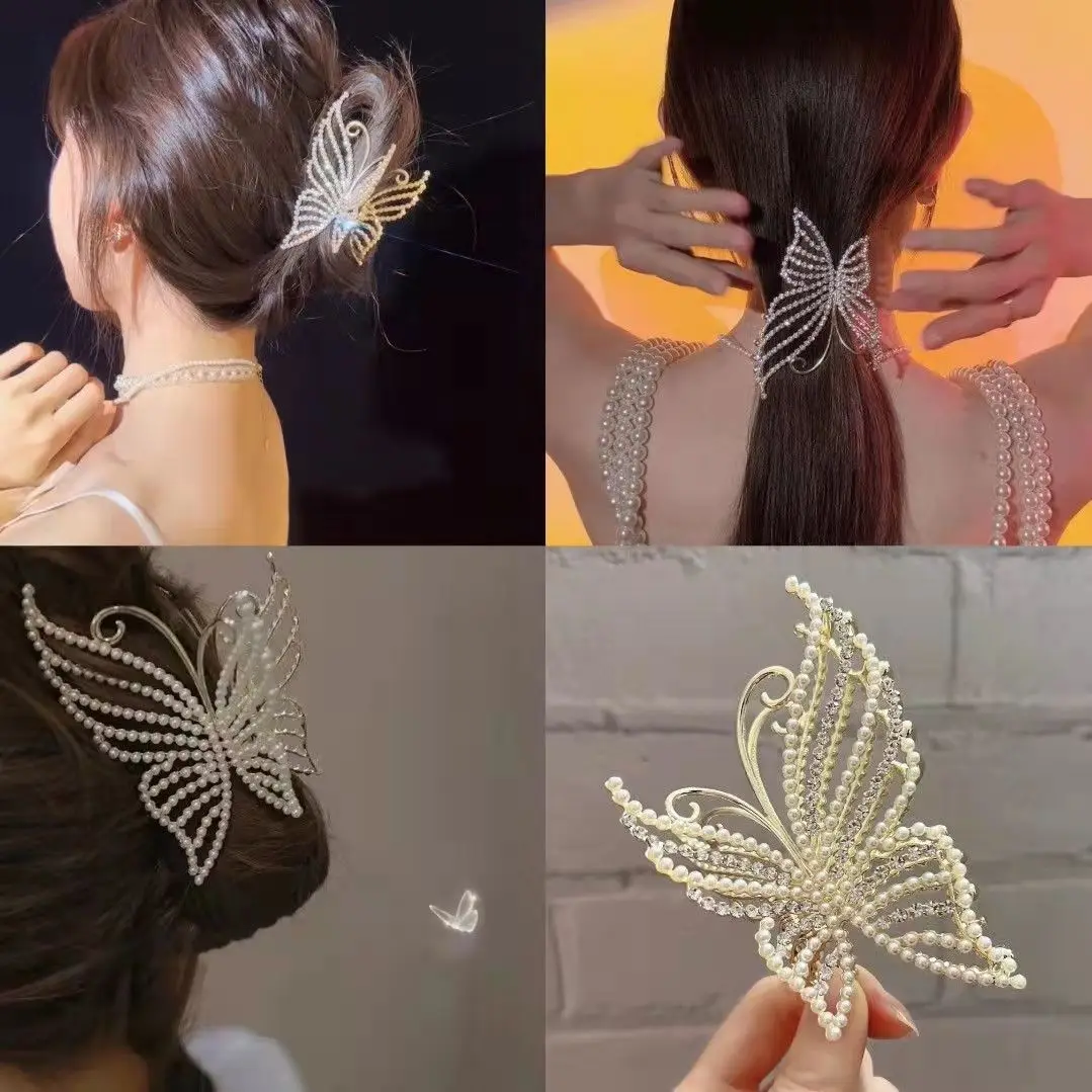 2022summerNew Korean Style Butterfly pearl Hairpin Grab Clip Hairpin Shark Clip Ladies Girl All-match Hair Accessories